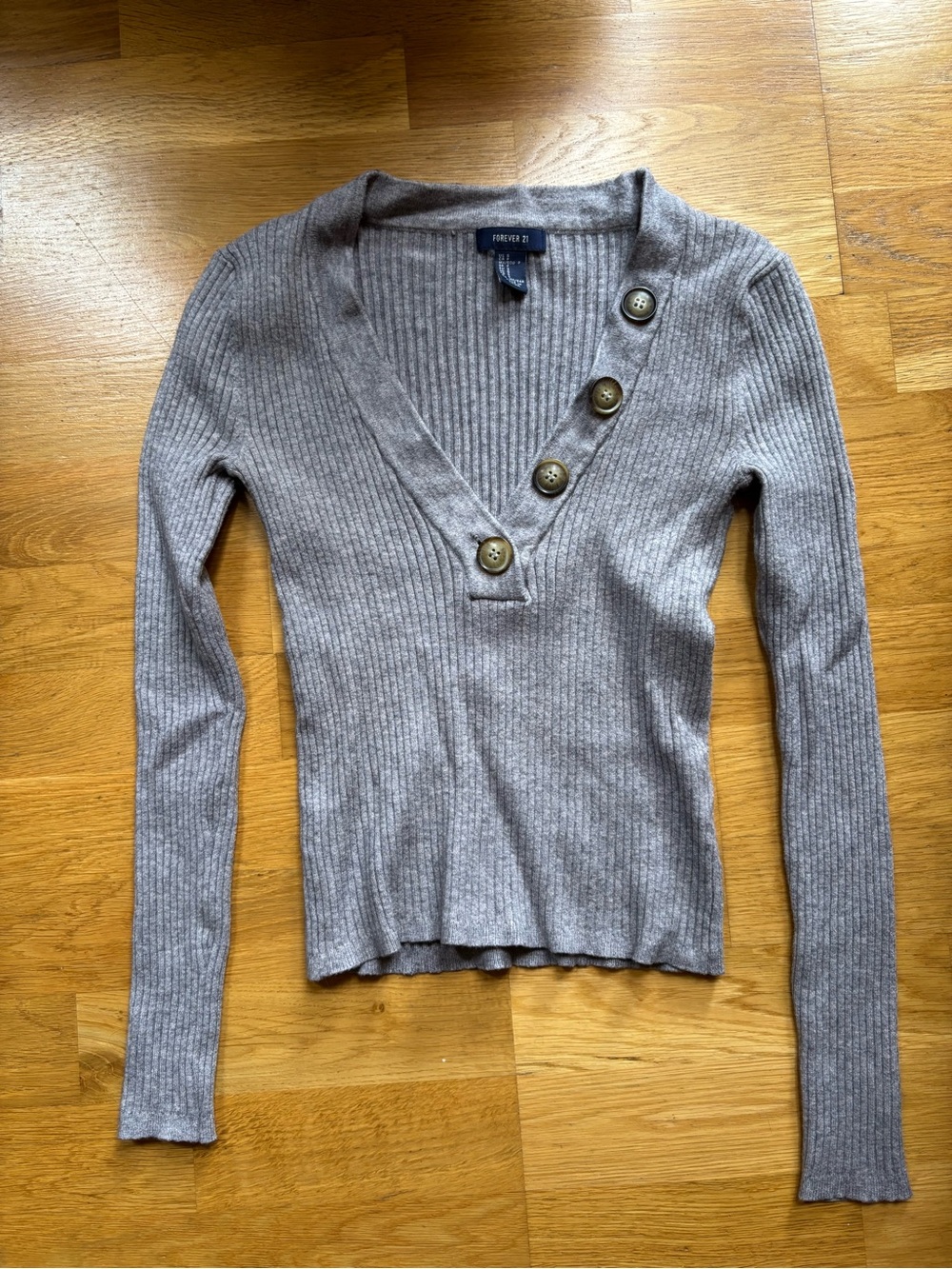Forever 21 Gray Ribbed V-Neck Sweater with Button Detail